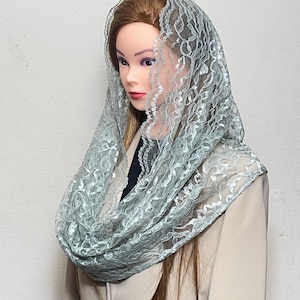 Silver crest green French Lace Chapel Veil Mantilla Infinity Veil Latin Mass usually ready to ship.