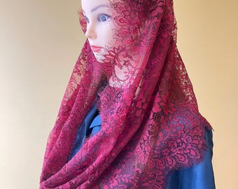 Red French lace veil infinity chapel mantilla veil, perfect for Mass. Elegant, timeless design crafted from delicate floral lace