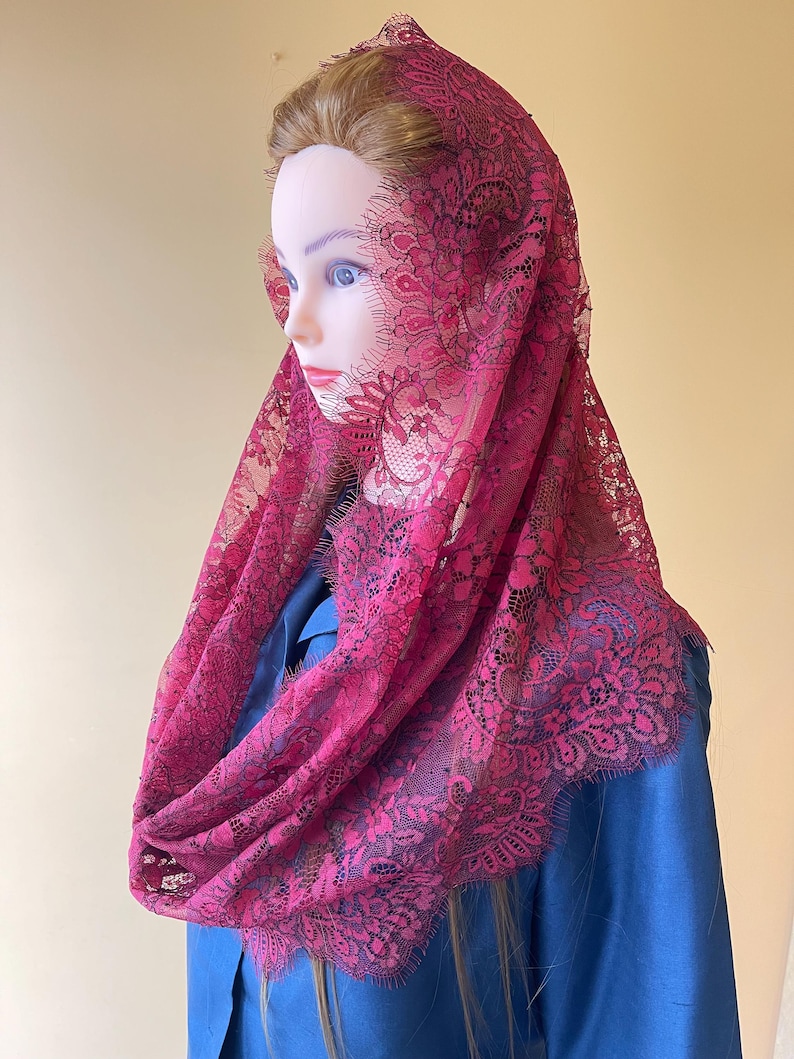 red-french-chantilly-lace-chapel-veil-floral-mantilla-with-clip-etsy