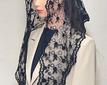 Black French Lace Chapel Veil Mantilla Veil Latin Mass usually ready to ship.