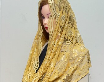 Floral French Chantilly Lace Chapel Veil, Light Cocoa Mantilla