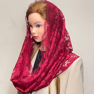 Burgundy lace chapel mantilla infinity veil, perfect for Latin Mass. Elegant and timeless, usually ready to ship for your convenience.