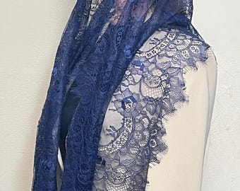 Navy Blue French Lace Chapel Mantilla Veil, Handmade Floral Infinity Veil