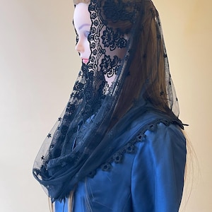 Black lace chapel veil mantilla infinity veil Latin mass usuall ready to ship
