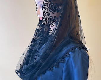 Black lace chapel veil mantilla infinity veil Latin mass usuall ready to ship