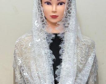 White elegant ultra soft floral French lace infinity veil mantilla, chapel veil