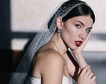 Ivory Beaded Fingertip Wedding Veil, Single Layer