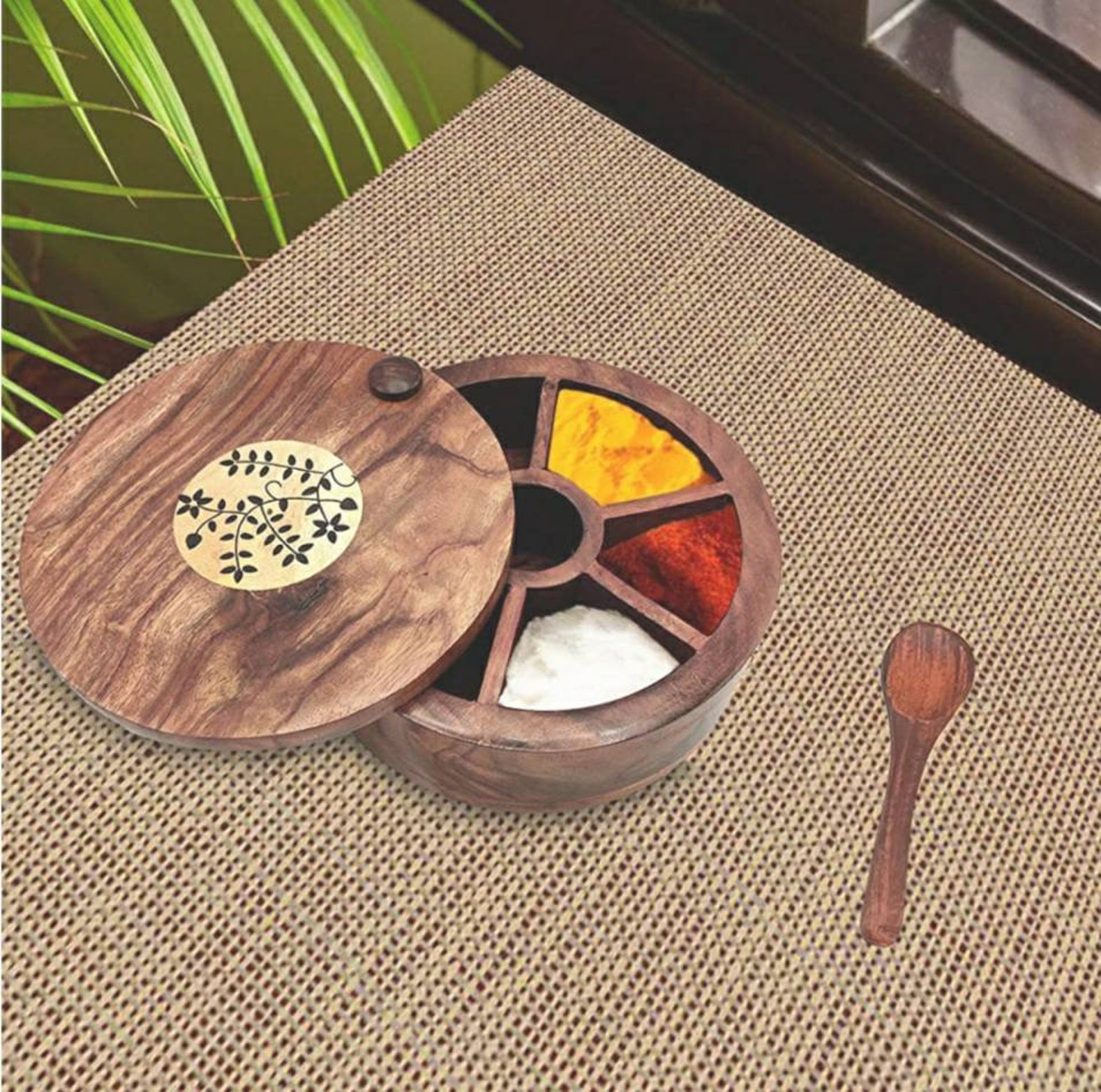 Sheesham Wooden Masala Box with Spoon Spin Round Design 8 Etsy