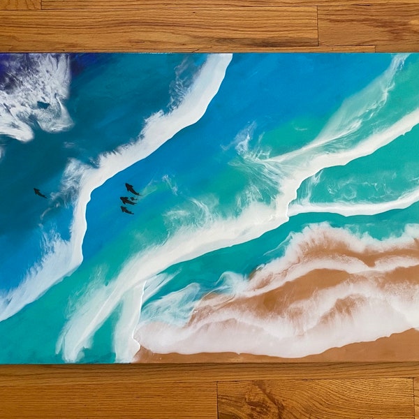 Original Resin Art. Acrylic, Resin Ocean Painting by Sara Khan. Interior Decor Painting. Art on 24”x 48” Canvas.