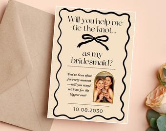 Minimalist Bridesmaid Proposal Card: Black & Cream Bow Design (Digital Download)
