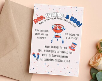 4th of July Cookout Invitation: Red White & BBQ, Editable Canva Template (Digital Download)