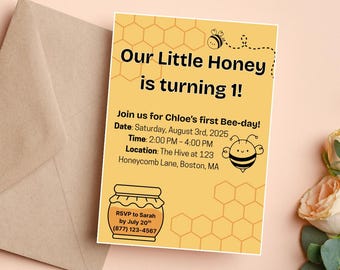 Invitación para el primer cumpleaños de una abeja: Plantilla de fiesta de panal (Descarga digital)