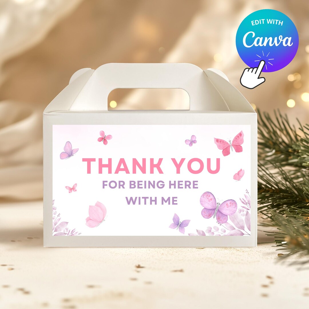 Pink Butterfly Label Editable Pink Butterfly Gable Box Label, Butterflies Favor Tags, First ...