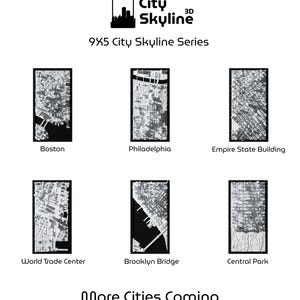 Puede incluir: Impresiones art&iacute;sticas de skyline de ciudades en 3D en blanco y negro. La imagen muestra seis impresiones rectangulares con mapas detallados de Boston, Filadelfia, Empire State Building, World Trade Center, Brooklyn Bridge y Central Park. El texto incluye "City Skyline 3D" y "9X5 City Skyline Series".