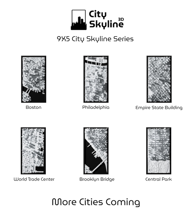 Puede incluir: Impresiones art&iacute;sticas de skyline de ciudades en 3D en blanco y negro. La imagen muestra seis impresiones rectangulares con mapas detallados de Boston, Filadelfia, Empire State Building, World Trade Center, Brooklyn Bridge y Central Park. El texto incluye "City Skyline 3D" y "9X5 City Skyline Series".
