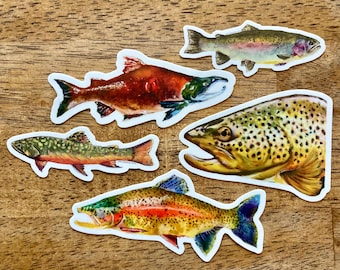 May include: A collection of five fish stickers, each with a unique design and color palette. The stickers feature detailed illustrations of various fish species, including trout and salmon, with vibrant hues of red, green, yellow, and blue. The stickers are on a wooden surface.