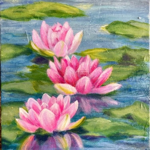 Pink Waterlily In Pond Acrylic Painting 8 inches by 10 inches