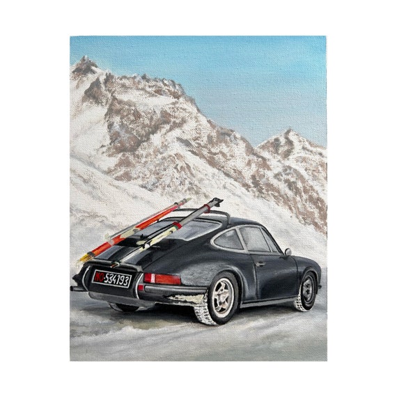 Retro Porsche Ski Print: Mountain Scene Acrylic Painting (A4) - Etsy