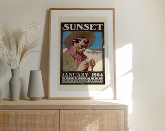 Cowboy Vintage Poster, Adolf Methfessel Sunset, western wall art, vintage art print, cowboy decor, American poster, western decor