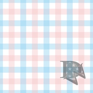 May include: A blue and pink gingham pattern background with a grey letter D in the bottom right corner. The letter D is filled with white stars.