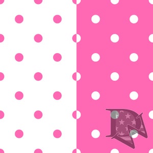 May include: A split background with a polka dot pattern. The left side has a white background with pink polka dots. The right side has a pink background with white polka dots. A purple logo with stars is in the bottom right corner.