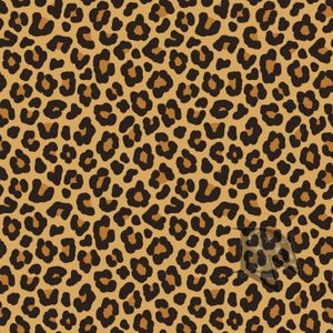 May include: A repeating leopard print pattern featuring dark brown, irregular, broken circular outlines set against a tan and light brown background. The design consists of dense, organic shapes that mimic the natural fur of a leopard.