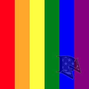 May include: A rainbow flag with a blue star-shaped graphic in the lower right corner.