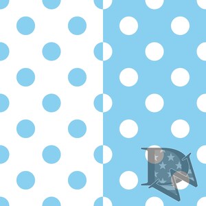 May include: A seamless pattern with blue polka dots on a white background on the left side of the image and white polka dots on a light blue background on the right side of the image.