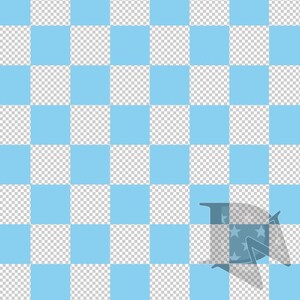 May include: A light blue and white checkered background with a blue and white star design in the bottom right corner.