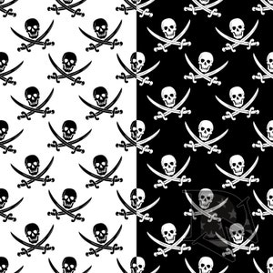 May include: Black and white seamless pattern featuring a skull and crossbones design. The pattern is repeated on a white background on the left side of the image and a black background on the right side of the image.