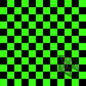 May include: A black and green checkered background with a white star-shaped design in the lower right corner.