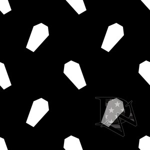 May include: A black and white seamless pattern featuring white coffin shapes on a black background.