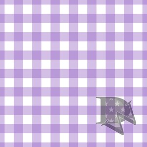 May include: Purple and white gingham pattern background with a grey star-shaped design in the bottom right corner.
