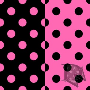 May include: A seamless pattern of black and pink polka dots. The left side of the image is black with pink polka dots and the right side is pink with black polka dots.