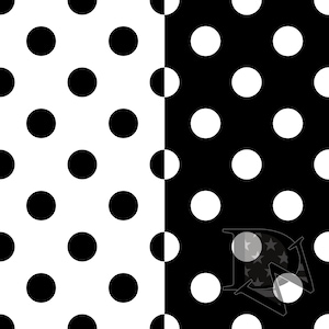 May include: A seamless pattern of black polka dots on a white background on the left side of the image, and white polka dots on a black background on the right side of the image.