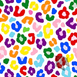 May include: A repeating pattern featuring stylized leopard spots in vibrant colors including red, orange, yellow, green, blue, purple, and light pink against a solid white background. The design consists of irregular, rounded shapes.