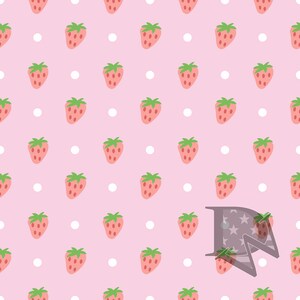 May include: A seamless pattern featuring pink strawberries with green leaves on a light pink background with white polka dots.