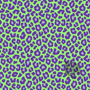 May include: A repeating leopard print pattern featuring vibrant lime green as the background color, with dark purple spots outlined in a lighter gray tone. The design covers the entire surface with a consistent, dense arrangement of animal print shapes.