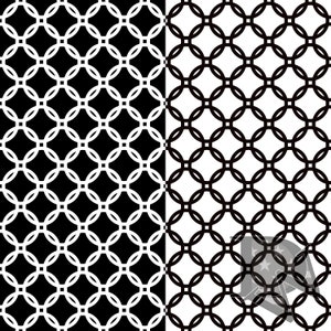 May include: A seamless pattern with two variations. The first variation is a black background with white circles, and the second variation is a white background with black circles. The circles are arranged in a grid pattern, with each circle overlapping the circles next to it.