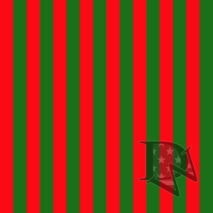May include: Red and green striped background with a stylized letter "D" in the lower right corner. The letter is filled with a pattern of white stars on a blue background.
