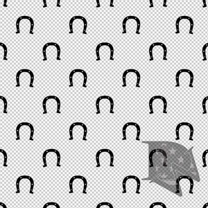 Puede incluir: Un patrón sin costuras de siluetas de herraduras negras sobre un fondo transparente.