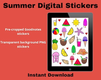 Summer Digital Planner Stickers, Precropped GoodNotes stickers, Digital journal stickers, PNG stickers