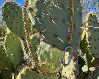 Carabiner necklace - gold tone chain, silver tone carabiner - carabiner shackle necklace