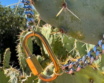 Carabiner necklace - silver tone chain, gold tone carabiner - carabiner shackle necklace