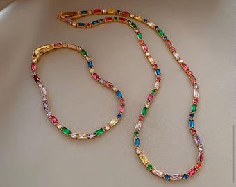 multi color round and baguette stone tennis bracelet and necklace set