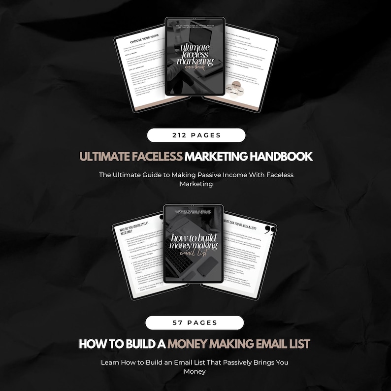 Op de afbeelding: Twee digitale marketing-e-books met zwarte en witte omslagen. Het bovenste e-book heeft de titel "Ultimate Faceless Marketing Handbook" en heeft 212 pagina's. Het onderste e-book heeft de titel "How to Build a Money Making Email List" en heeft 57 pagina's.