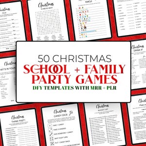 Op de afbeelding: Een collage van digitale afbeeldingen die afdrukbare kerstfeestspellen voor school of familie laten zien. De spellen omvatten woordzoekers, emoji-matching, emmerlijsten, snoepdobbelstenen en meer. De tekst "50 Christmas School + Family Party Games" staat in grote, vetgedrukte letters.
