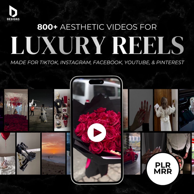 May include: A collage of images showcasing 800+ aesthetic videos for luxury reels, made for TikTok, Instagram, Facebook, YouTube, and Pinterest. The images include a bouquet of red roses, a woman in a white dress, a red car, and a private jet.