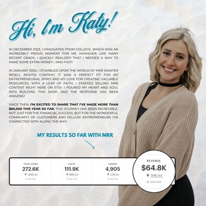 May include: A woman smiles and holds a sign with the text "Hi, I'm Katy!" and details about her online business. The sign includes statistics about her business, including total views, visits, orders, and revenue. The revenue is $64.8K, with a 714% year-over-year increase.