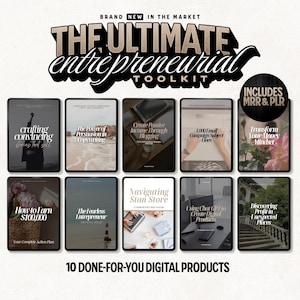 Może przedstawiać: Kolaż 10 okładek produktów cyfrowych z tytułami takimi jak "Crafting Convincing Stories That Sell", "The Power of Persuasion in Copywriting", "Create Passive Income Through Blogging", "1,000 Email Campaign Subject Lines", "Transform Your Money Mindset", "How to Earn €100,000", "The Fearless Entrepreneur", "Navigating Stan Store", "Using Chat GPT to Create Digital Products" i "Discovering Profit in Unexpected Places". Tekst "The Ultimate Entrepreneurial Toolkit" znajduje się w górnej części obrazu. Tekst "Includes MRR & PLR" znajduje się w prawym górnym rogu obrazu. Tekst "10 Done-For-You Digital Products" znajduje się w dolnej części obrazu.
